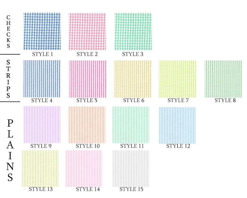 May include: A collection of fabric swatches showcasing various patterns. The swatches include checks, stripes, and plains in a range of colors such as blue, pink, green, yellow, and white. Each swatch is labeled with a style number.