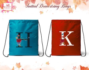 Personalized Monogram Drawstring Bag Initial Floral Print Bag Customized Drawstring Custom Bridal Drawstring Bag Gift For Her Wedding Gift