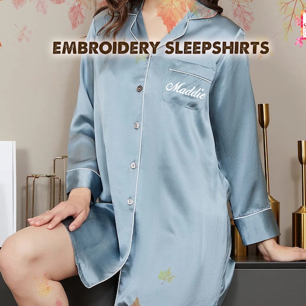 Luxury Satin Sleep Shirts Custom Bridesmaid Shirts Your Name Embroidery Sleep Shirts Nightwear Shirts Personalized Sleep Shirt Gift For Her