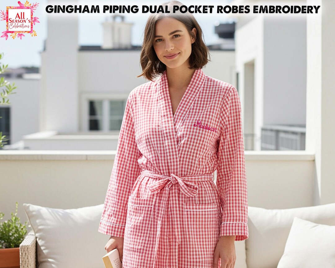Gingham Robe Personalized Embroidered Gingham Piping Robe With Pocket for Women ...