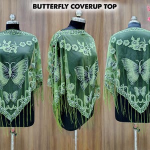 Buy 1 get 1 Free Butterfly Poncho for Bridesmaid Semi Sheer Square Ponchos Scalloped Flowers cape Kaftan for women Cover Up Shawl for Bride