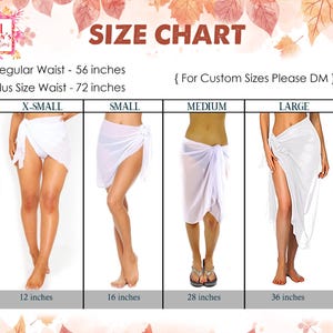 May include: Size chart for sarongs, with measurements in inches. The chart includes sizes X-Small, Small, Medium, and Large, with waist measurements of 142 and 183 cm. The image also includes the text "All Season's Celebrations."