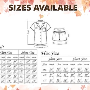 May include: Image showing size charts for pajama sets. The chart includes measurements for shirt and short sizes in inches for adult and plus sizes. The text "SIZES AVAILABLE" is at the top.