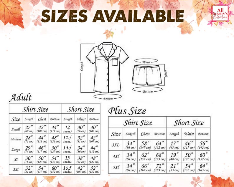 May include: Image showing size charts for pajama sets. The chart includes measurements for shirt and short sizes in inches for adult and plus sizes. The text "SIZES AVAILABLE" is at the top.