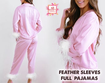 Custom Bridesmaid Pajamas/ Bridal Satin Feather Pajamas/ Bridesmaid Pjs/ Pajamas with Feathers, Bridal Party Pjs, Long Pajama Sets-Feathers