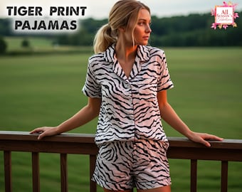 Pijama corto con estampado de tigre, pijama con estampado animal, pijama de satén con botones, regalo para dama de honor.