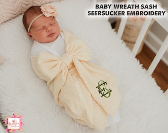 Personlig babykransbälte, seersuckerrosett, nyfödd sjukhusfotorekvisita, babyshowerpresent, inplastningssjal med eget namn, present till nyblivna mammor