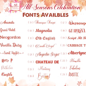 May include: A graphic showcasing various font styles for design projects. The image features the text "All Seasons Celebration" and "FONTS AVAILBLES" in a decorative script. Twenty-four font names are listed, each with a unique style, ranging from classic to modern.