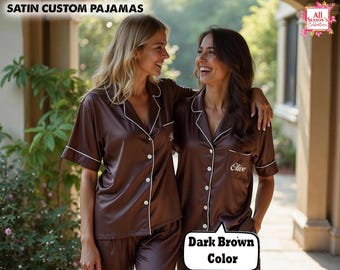 Pijama marrón oscuro personalizado, pijama personalizado, pijama de dama de honor, pijama de novia, pijama de satén, regalo de dama de honor.