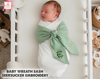 Personalized Seersucker Baby Wreath Sash, Monogram Seersucker, Seersucker Baby Wreath Sash, Embroidery Baby Wreath Sash Gift for New Moms