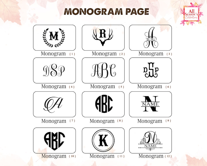 Op de afbeelding: Een "Monogram Pagina" toont 12 monogramontwerpen, elk in een rechthoekig kader. De ontwerpen tonen verschillende letters en lettercombinaties, met decoratieve elementen zoals geweien, kransen en krullen.