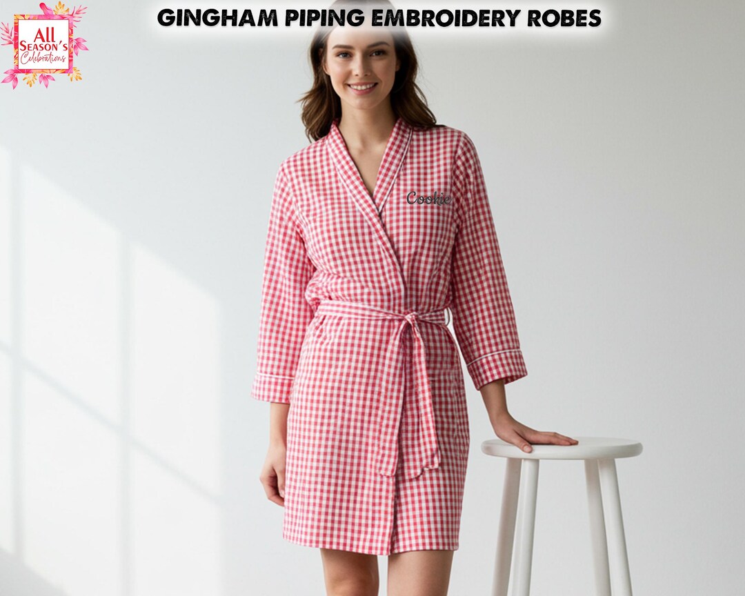 Gingham Robe Custom Embroidered Gingham Piping Robe for Women, Bride and Bridal ...