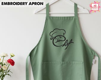 Grembiule in rayon personalizzato con ricamo / Grembiule da sposa personalizzato / Regalo per damigella d'onore, grembiule da cucina, grembiule da chef elegante, regalo per lei