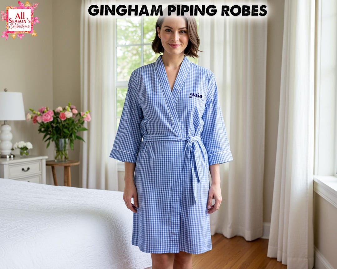 Gingham Robe Personalized Gingham Piping Robe for Women, Bridesmaids, Wedding Day ...