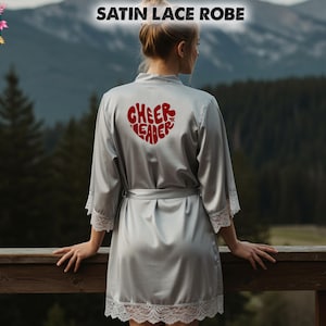 Personalized Satin Lace Cheerleaders Robe Custom Name and Logos Team Wear Satin Cheer Outfit Squad Gift Competition Day Getting Ready Robe