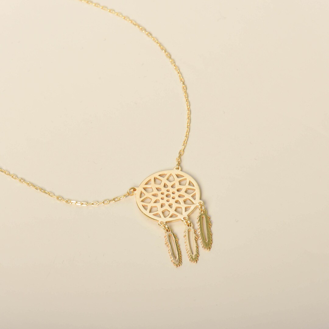 thumbnail image 2 of Boho Feather Dreamcatcher Long Chain Necklace For Women - Gold/White Retro Style 2 of 5