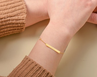 14K Solid Custom Bar Bracelet, Custom Date Bracelet,Silver,,Personalized Bracelet, Dainty Bar Name Bracelet, Christmas