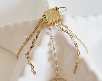 Pendientes largos para mujer con colgantes y detalles de perlas y cadena de acero inoxidable dorada, regalo con rebajas, joya hecha a mano