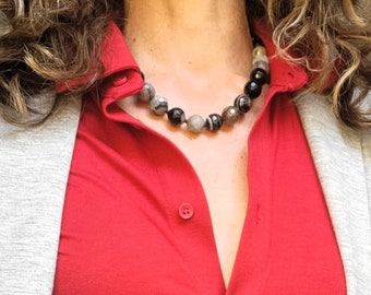 Collar de ágatas negras y blancas para mujer, collar con cuentas de ágata natural piedra preciosa, joyas de mujer para bodas y comuniones