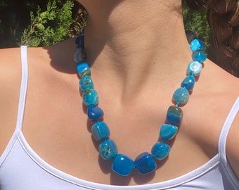 Blue Natural Agates Necklace Blue Choker Women Necklace Handmade Elegant Communion Wedding Necklace Gift