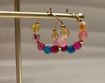 Hoop earrings with colorful agate beads, crafts, handmade jewelry for women, gift for mother's day on sale