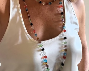 Long necklace for women with several turns with colorful resin beads, women's gift jewelry, elegant necklace for communion and weddings