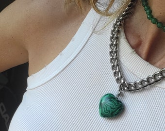 Malachite green heart pendant chain necklace, mother's day gift, discount handmade women's jewelry