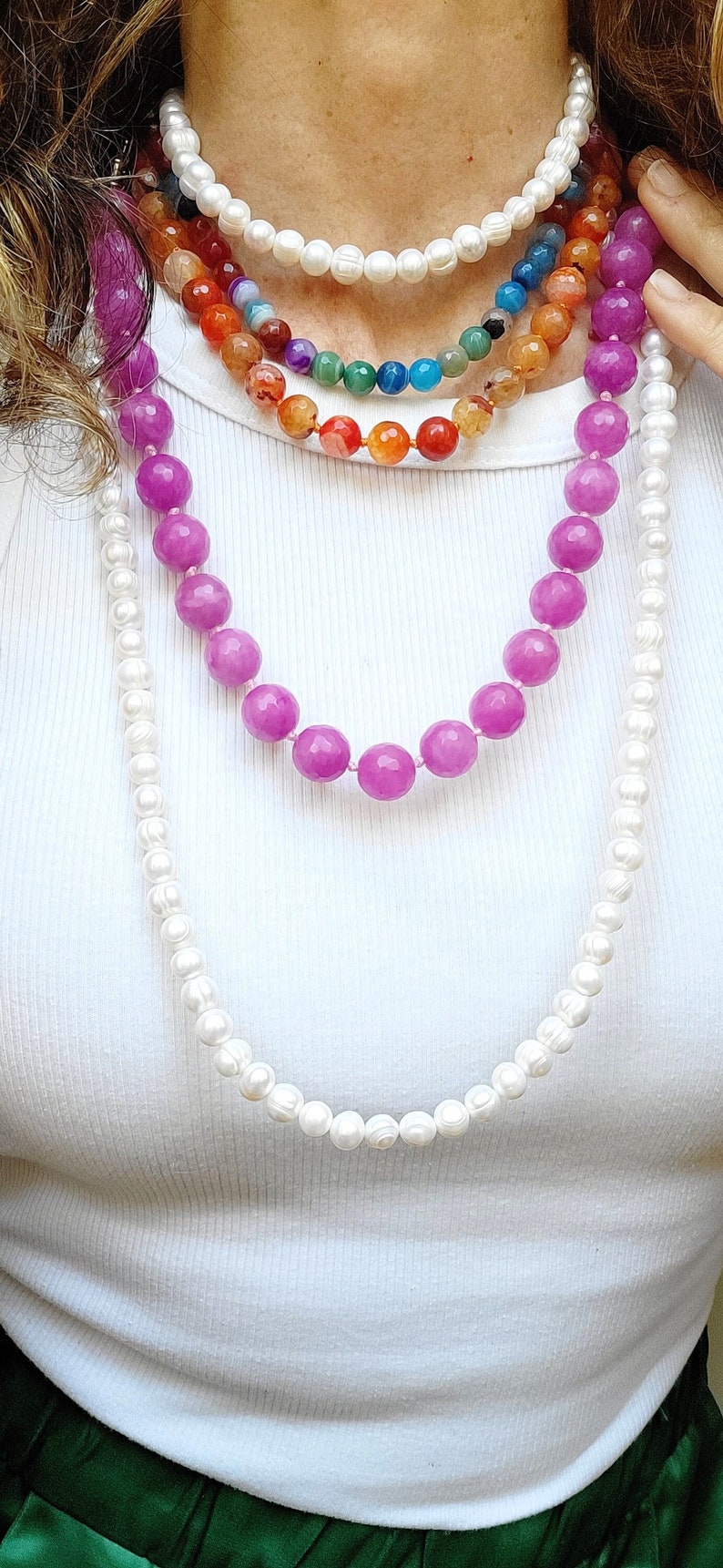 Pink agates necklace for women, necklace with precious natural stone beads, women's jewelry for weddings and communions, handmade jewelry image 1