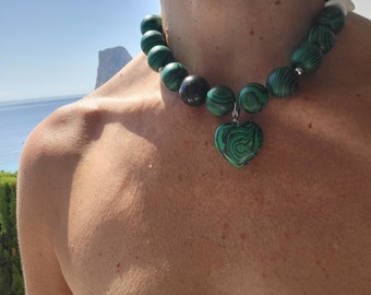 Green Malachite necklace with heart pendant, discount jewelry, choker with resin spheres, necklace for wedding and communion