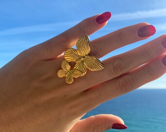 Anillo ajustable dorado con mariposa de acero inoxidable, anillo de regalo para mujer, joyas hechas a mano con descuentos para ella