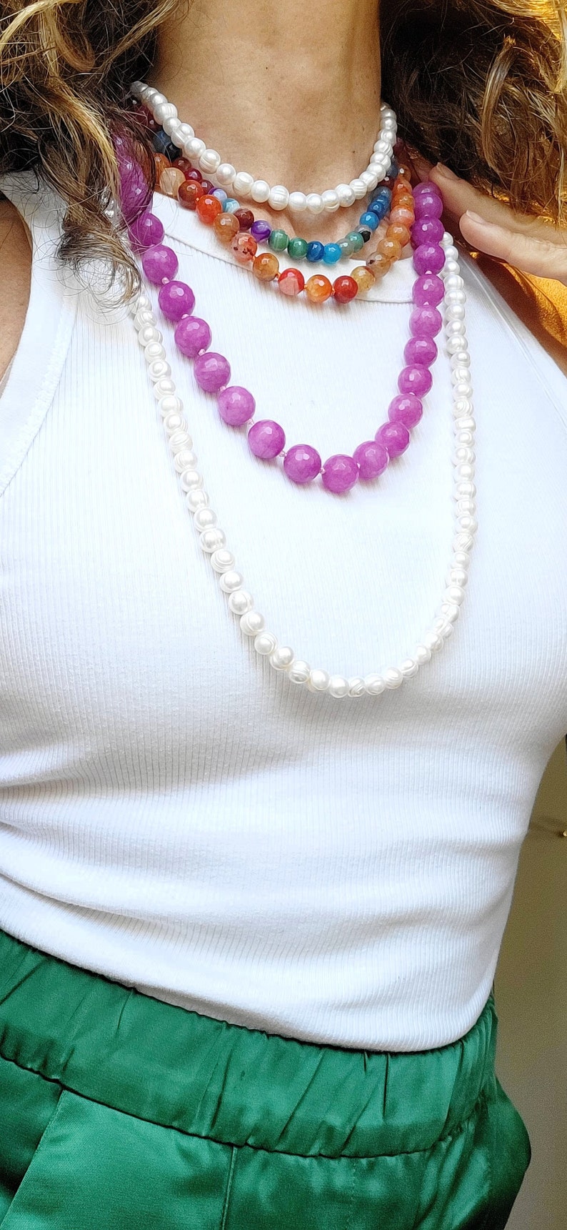 Collier agates roses pour femme, collier avec perles de pierres naturelles précieuses, bijoux femme pour mariages et communions, bijoux faits main image 3