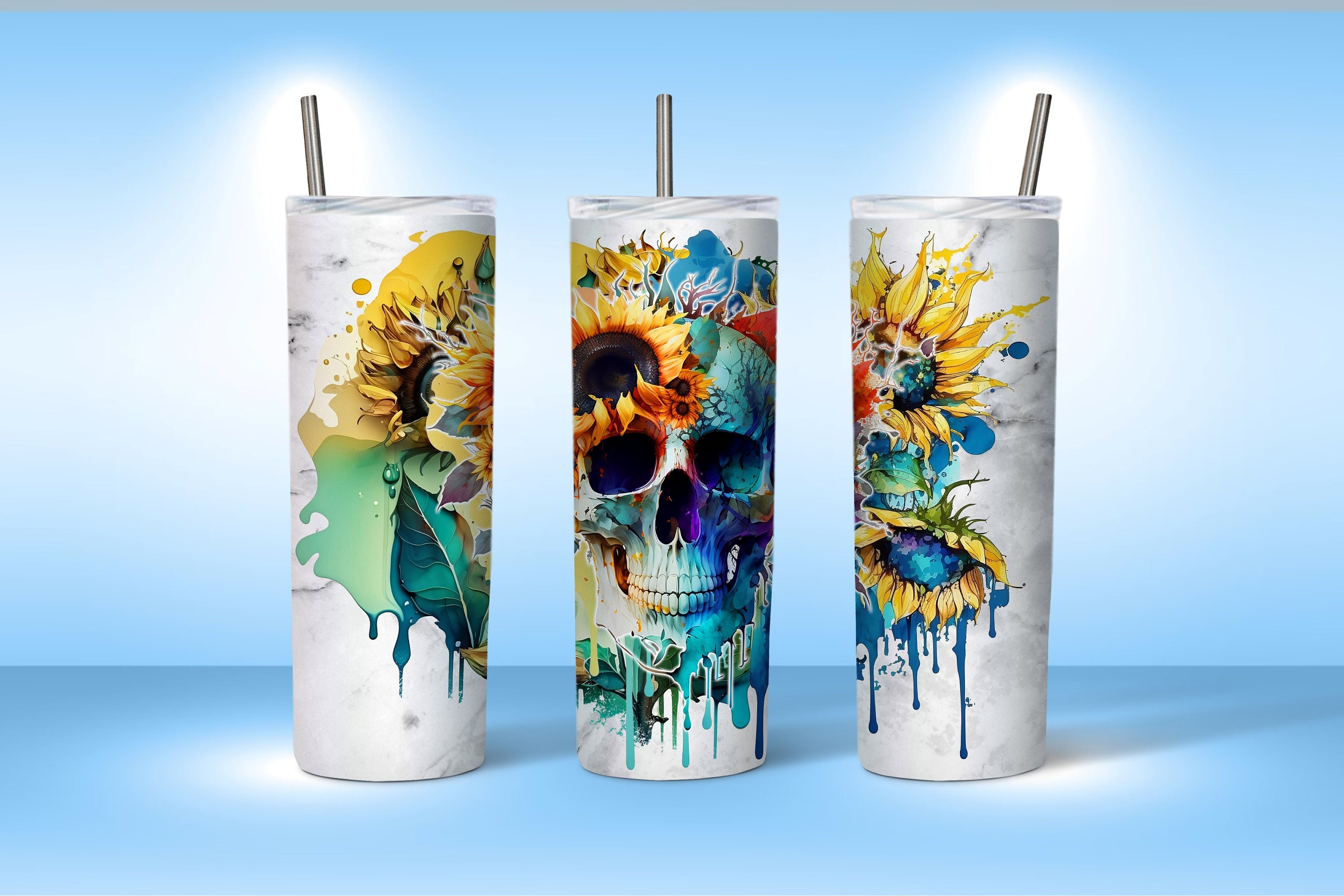 Skull and Teal Flower Print Tumbler – Personalized Gift Ideas