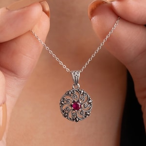 Ruby Marcasite Pendant Necklace, 925 Sterling Silver Vintage Filigree Necklace, Ottoman Style Red Stone Jewelry, Gift for Her