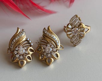 Zircon Ladies Set, Gold silver Set, Handmade Women Set, Turkish Handmade Set, Ladies Jewelry Set, Ring, Earring,  925k Sterling Silver