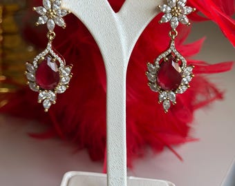 Ruby Earring, Gold plated Earring, Handmade Earring, Turkish Handmade, Ottoman Earring, Gift for Him, 925k Sterling Silver, Pearl earrings