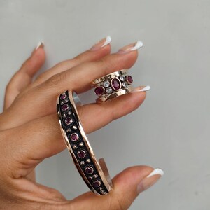 Handmade Sterling Silver Ruby Bangle Bracelet, Turkish Bronze Detail