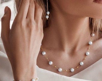 Pearl Jewelry Set – 925 Sterling Silver Necklace, Bracelet and Earrings – Handmade Elegant Bridal Set – Natural Pearl Gift for Her