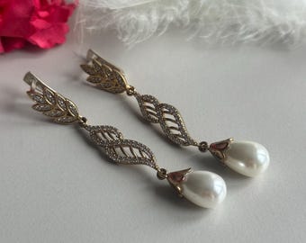 Pendientes hechos a mano, pendientes de perlas, pendientes turcos, pendientes auténticos, pendientes otomanos, pendientes de circonita, pendientes de plata de ley 925k