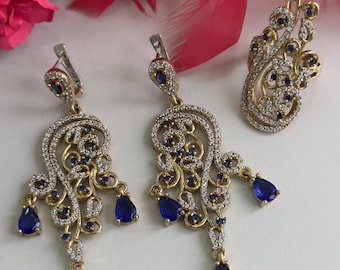 Sapphire Set, Authentic Set, Handmade Set Women, Turkish Handmade, Ladies Jewelry Set, Earring, Pendant, Ladies Set, 925k Sterling Silver