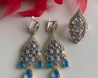 Conjunto de aguamarina, conjunto auténtico, conjunto de mujer hecho a mano, hecho a mano en Turquía, conjunto de joyas para mujer, pendientes, conjunto de mujer, plata de ley de 925 k, joyería,