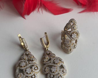 Zircon Ladies Set, Authentic Set, Handmade Women Set, Turkish Handmade Set, Ladies Jewelry Set, Ring, Earring, Pendant, 925k Sterling Silver