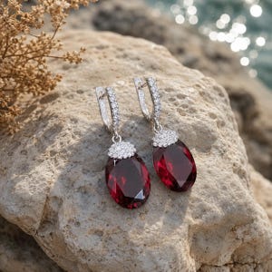 Handmade Ruby Drop Earrings, Sterling Silver, Gold Plated, Turkish Design