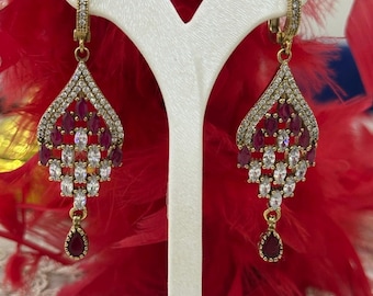Ruby Earring, Gold plated Earring, Handmade Earring, Turkish Handmade, Ottoman Earring, Gift for Him, 925k Sterling Silver, Pearl earrings