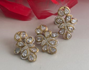 Zircon Ladies Set, Gold silver Set, Handmade Women Set, Turkish Handmade Set, Ladies Jewelry Set, Ring, Earring,  925k Sterling Silver