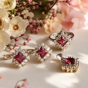 May include: A jewelry set consisting of a ring, a pair of earrings, and a pendant. Each piece features a square-cut deep red gemstone surrounded by a halo of small, clear, round-cut stones set in a metallic frame with a polished finish.
