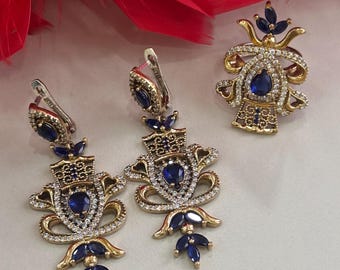 Sapphire Set, Authentic Set, Handmade Set Women, Turkish Handmade, Ladies Jewelry Set, Earring, Pendant, Ladies Set, 925k Sterling Silver