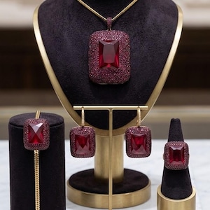 Ruby Set, Authentic Set, Handmade Set Women, Turkish Handmade, Ladies Jewelry Set, Ring, Earring, Pendant, Ladies Set, 925k Sterling Silver,