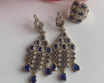 Sapphire Set, Authentic Set, Handmade Set Women, Turkish Handmade, Ladies Jewelry Set, Earring, Pendant, Ladies Set, 925k Sterling Silver