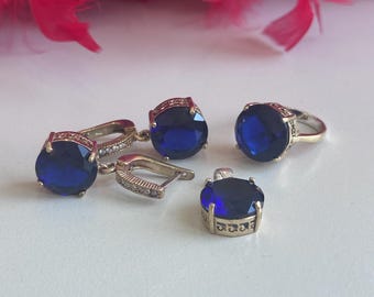 Sapphire Set, Authentic Set, Handmade Set Women, Turkish Handmade, Ladies Jewelry Set, Earring, Pendant, Ladies Set, 925k Sterling Silver