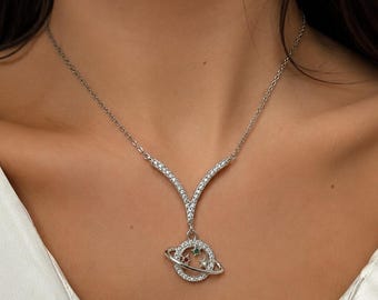 925 Sterling Silver Saturn Necklace, Planet Pendant Necklace, Celestial Jewelry, CZ Diamond Space Necklace, Minimalist Gift for Women